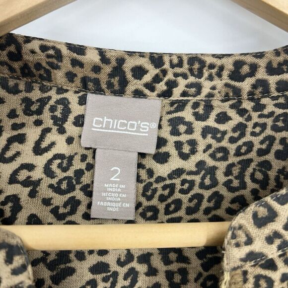 Chicos Top Size Large 2 Womens Brown Sassy Cheetah Popover Floral Embroidered - Picture 5 of 11